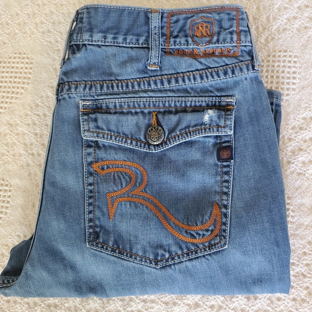 Vintage Rock Republic distressed men's jeans 36/34 Thick stitching and skulls - Picture 1 of 16